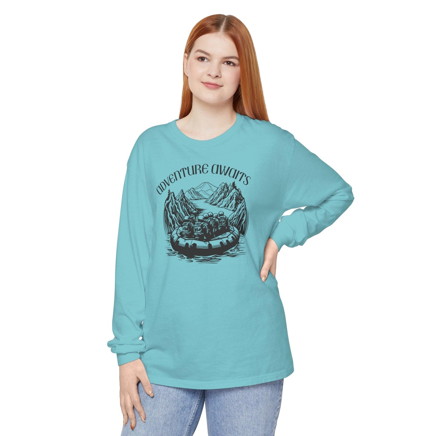 Comfort Colors Long Sleeve T-Shirt | Garment-Dyed Cotton with Bold White-Water Rafting Design - Joyful Moments Market