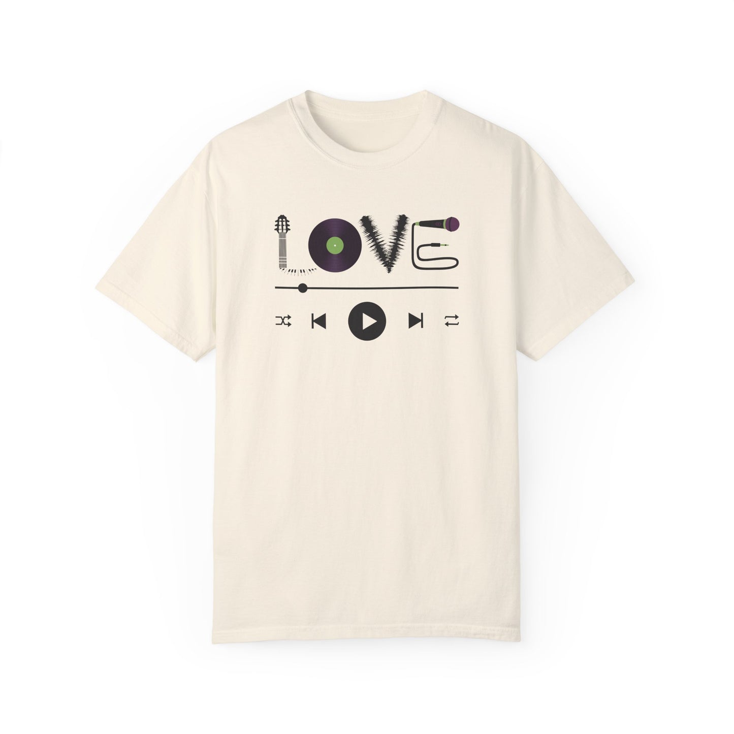 Music Lover T-Shirt | Creative "LOVE" Design for Musicians in Soft Garment-Dyed Cotton - Joyful Moments Market