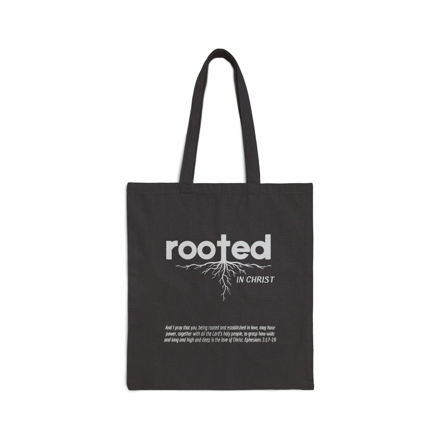 Rooted in Christ Cotton Canvas Tote Bag, Natural and Black Colors Available, Perfect Gift for Christian Men and Women - Joyful Moments Market