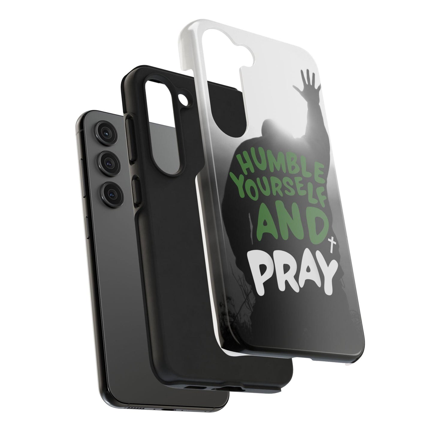 Praying Man Silhouette Phone Case - Black and White Background with Green Text - Humble Yourself and Pray - Joyful Moments Market