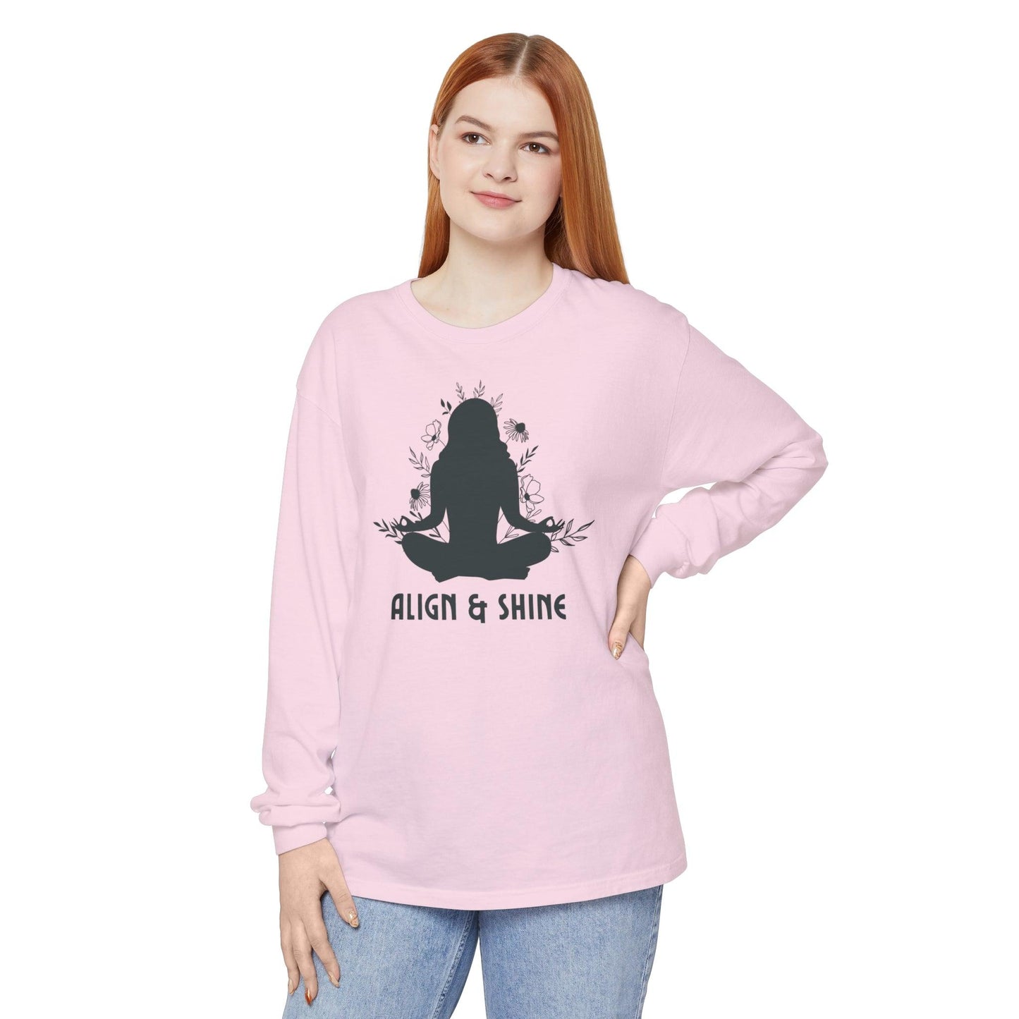 Comfort Colors Yoga Long Sleeve T-Shirt | Garment-Dyed Cotton with Floral Mindfulness Design - Joyful Moments Market