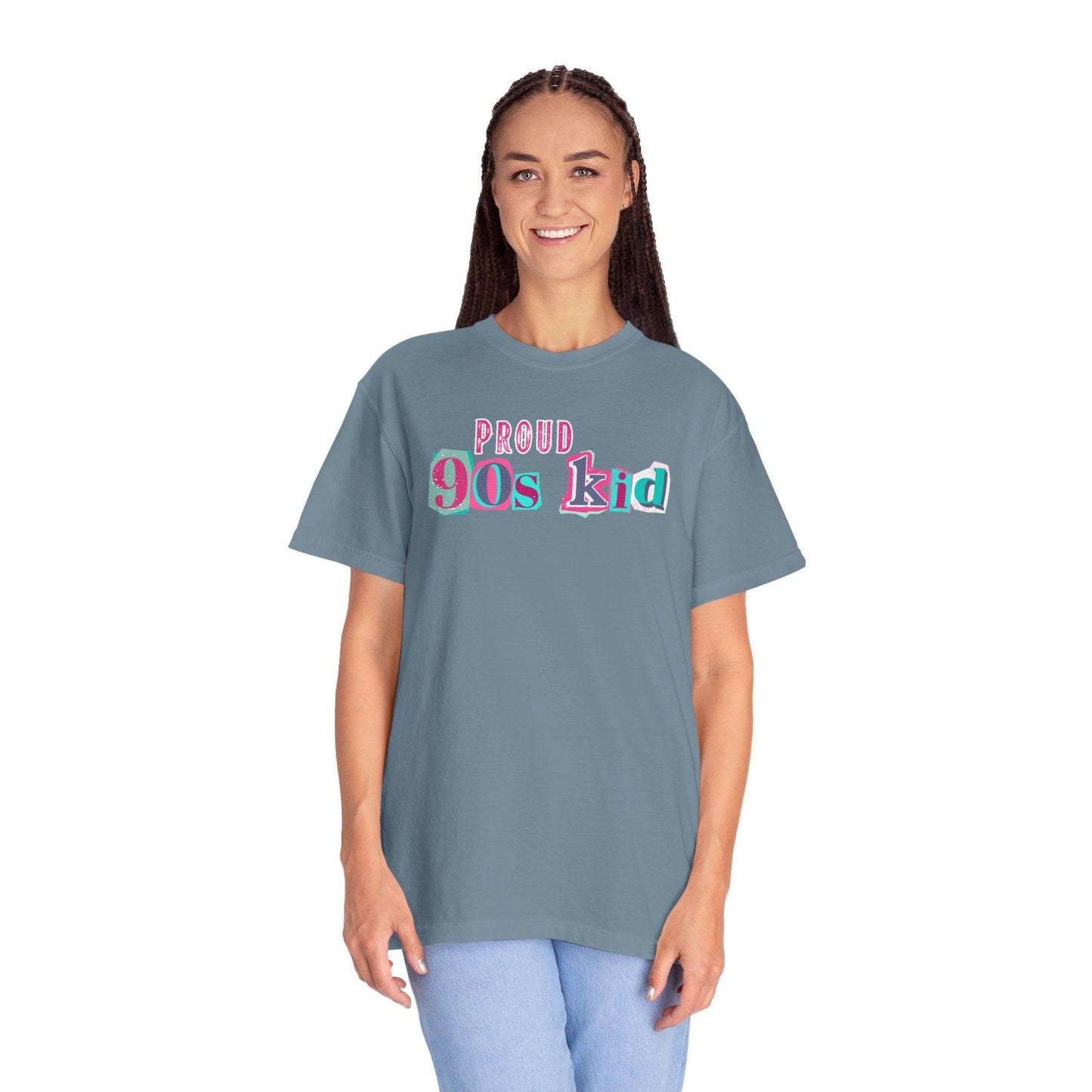 Proud 90s Kid Shirt | Vintage-Inspired Bold Pink & Blue Tee in Garment-Dyed Cotton - Joyful Moments Market