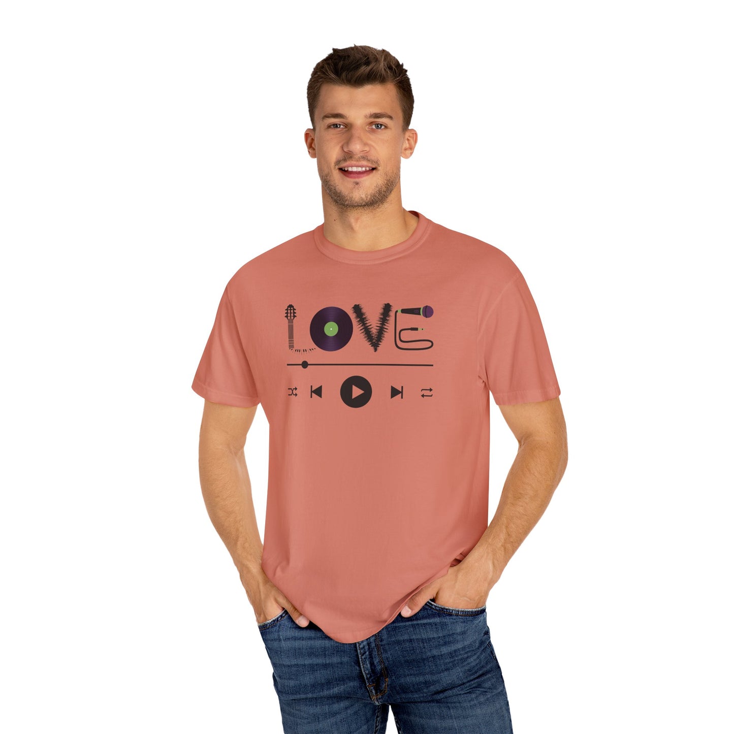 Music Lover T-Shirt | Creative "LOVE" Design for Musicians in Soft Garment-Dyed Cotton - Joyful Moments Market