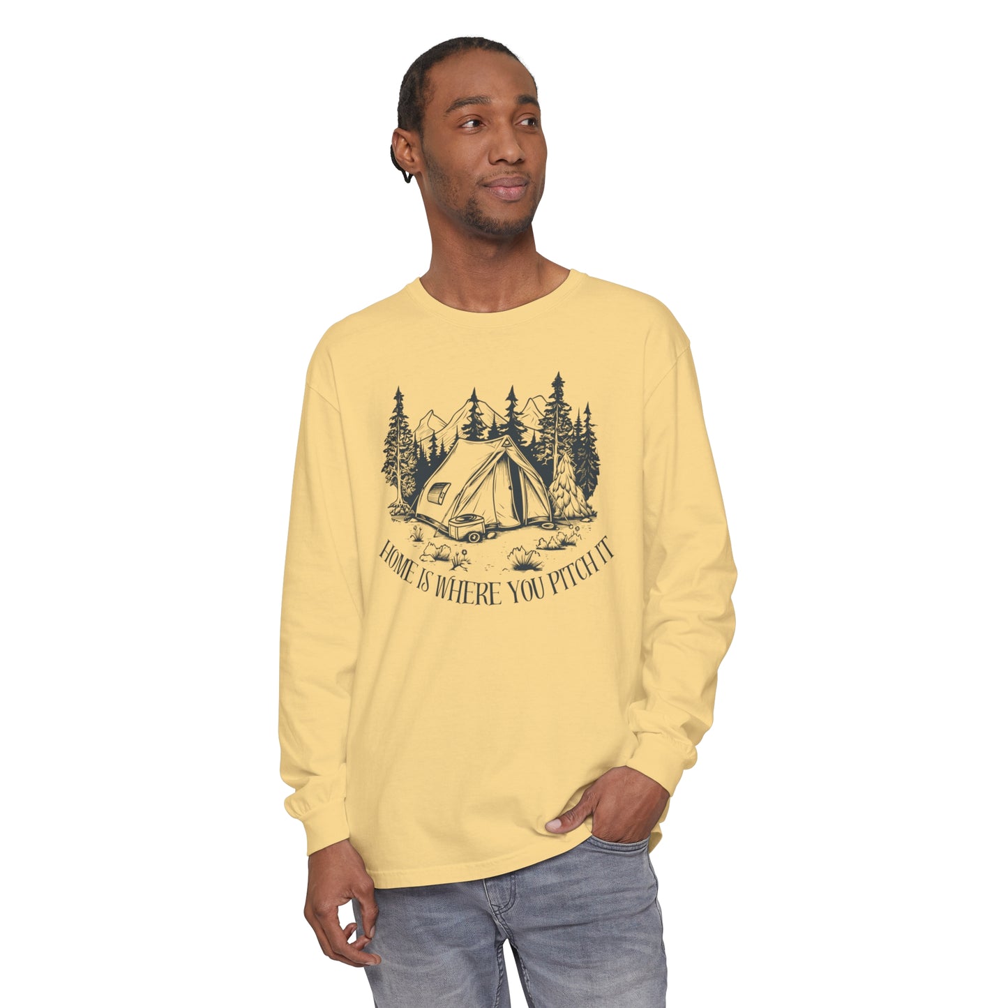 Comfort Colors Long Sleeve T-Shirt | Garment-Dyed Cotton with "Home is Where You Pitch It" Camping Graphic - Joyful Moments Market