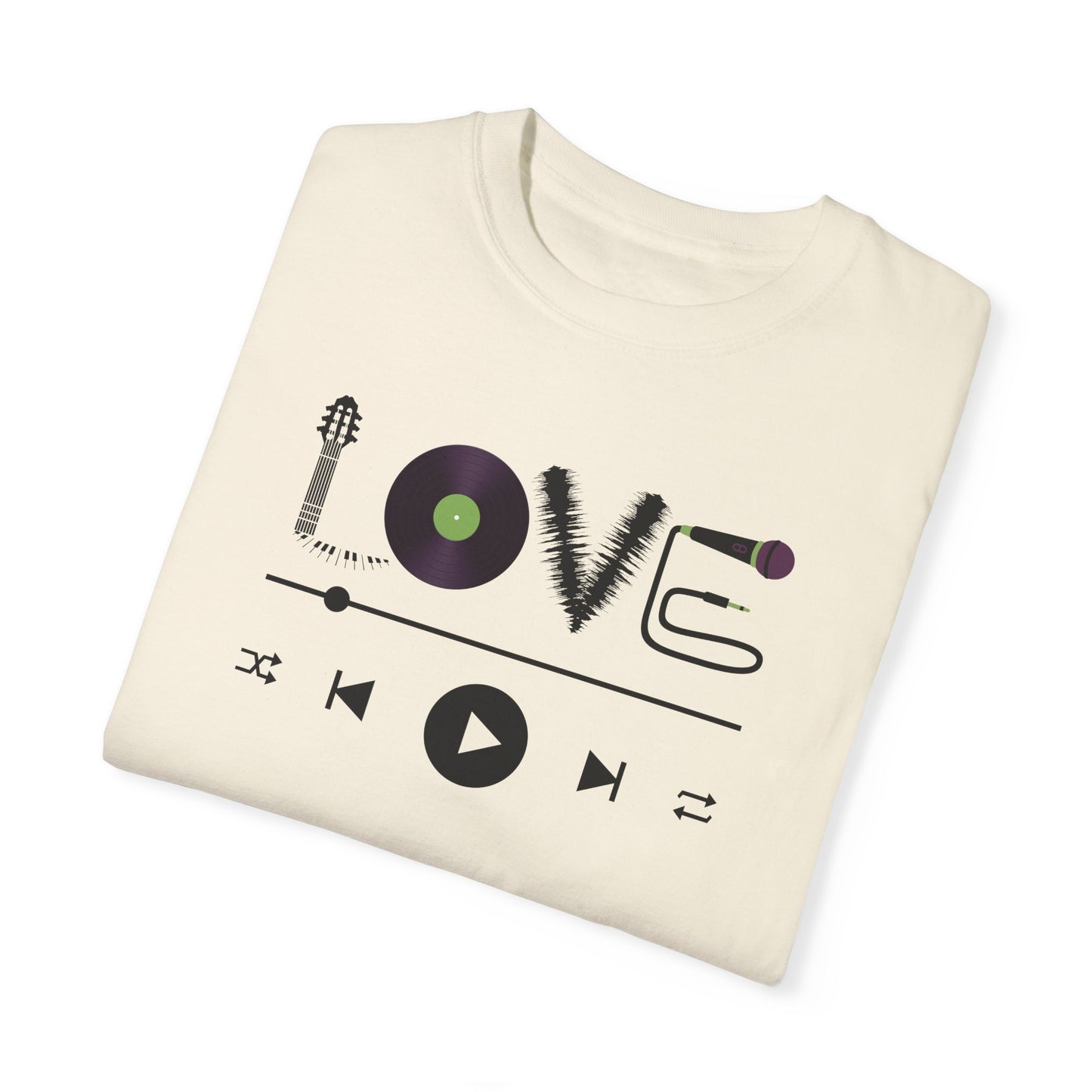 Music Lover T-Shirt | Creative "LOVE" Design for Musicians in Soft Garment-Dyed Cotton - Joyful Moments Market