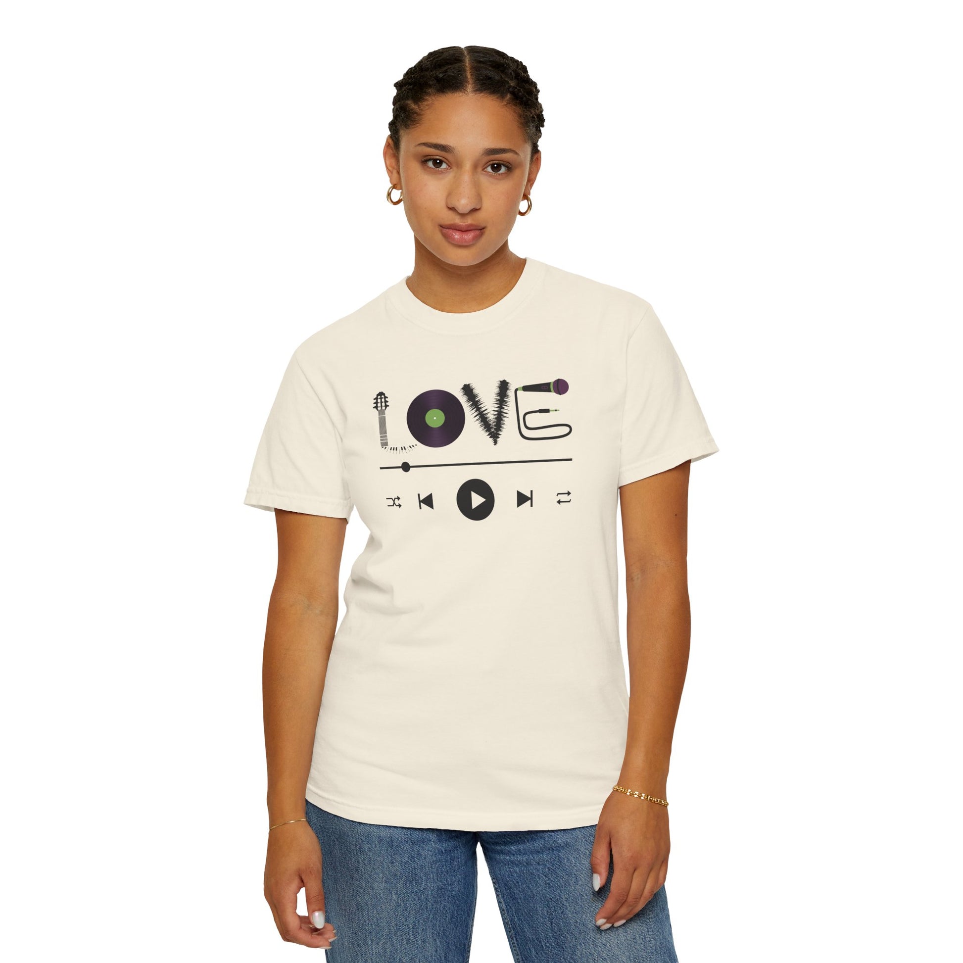 Music Lover T-Shirt | Creative "LOVE" Design for Musicians in Soft Garment-Dyed Cotton - Joyful Moments Market