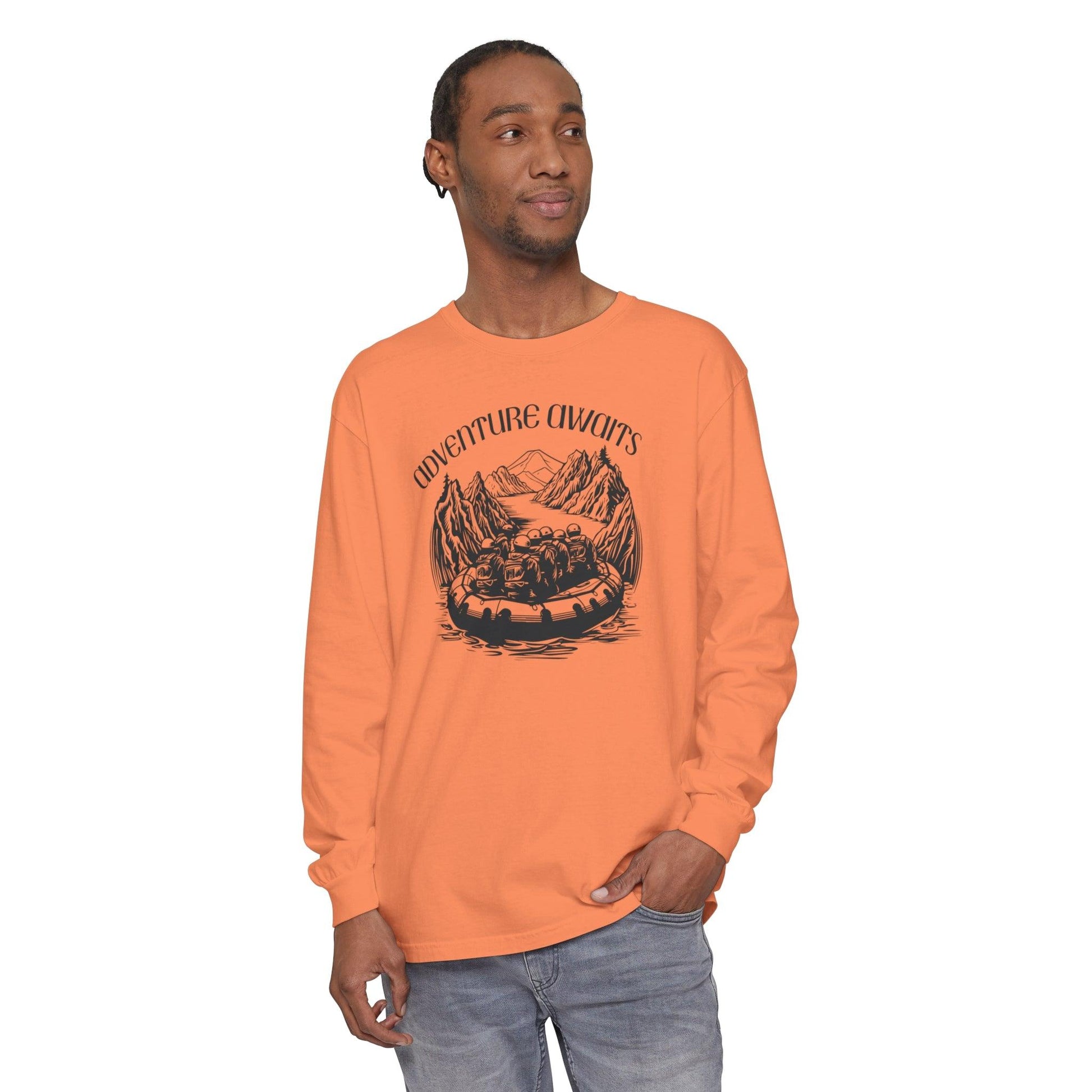 Comfort Colors Long Sleeve T-Shirt | Garment-Dyed Cotton with Bold White-Water Rafting Design - Joyful Moments Market