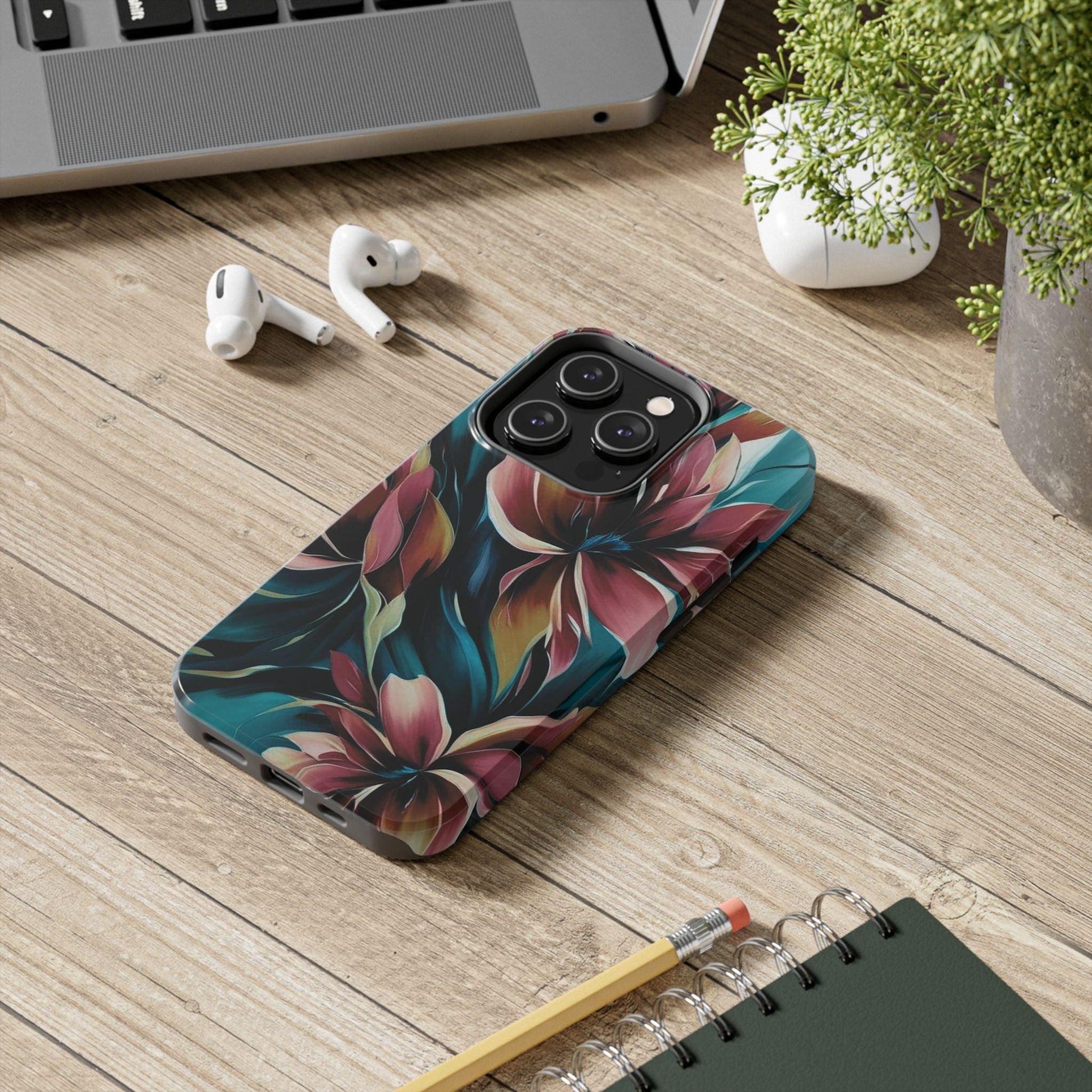 Floral Phone Case | Artistic Dark Purple & Green Design for iPhone & Samsung - Joyful Moments Market