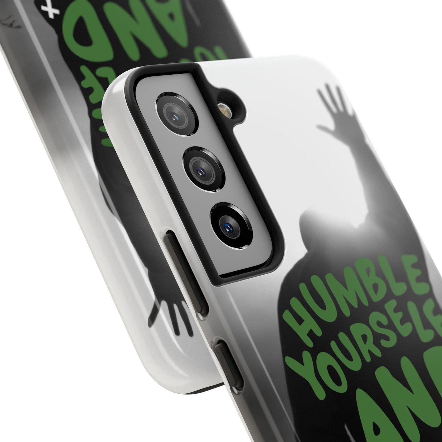 Praying Man Silhouette Phone Case - Black and White Background with Green Text - Humble Yourself and Pray - Joyful Moments Market