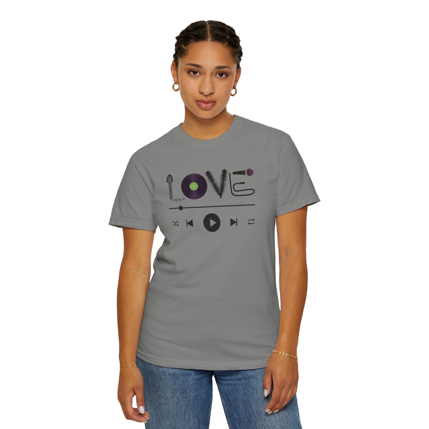 Music Lover T-Shirt | Creative "LOVE" Design for Musicians in Soft Garment-Dyed Cotton - Joyful Moments Market