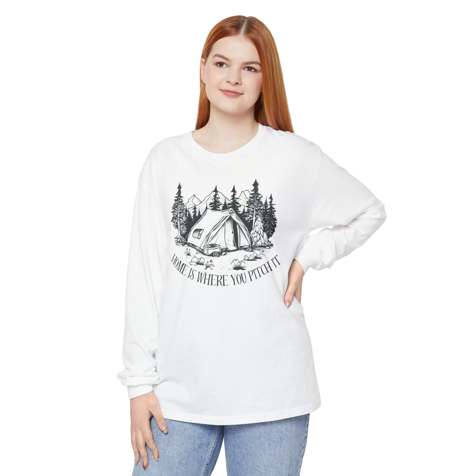 Comfort Colors Long Sleeve T-Shirt | Garment-Dyed Cotton with "Home is Where You Pitch It" Camping Graphic - Joyful Moments Market