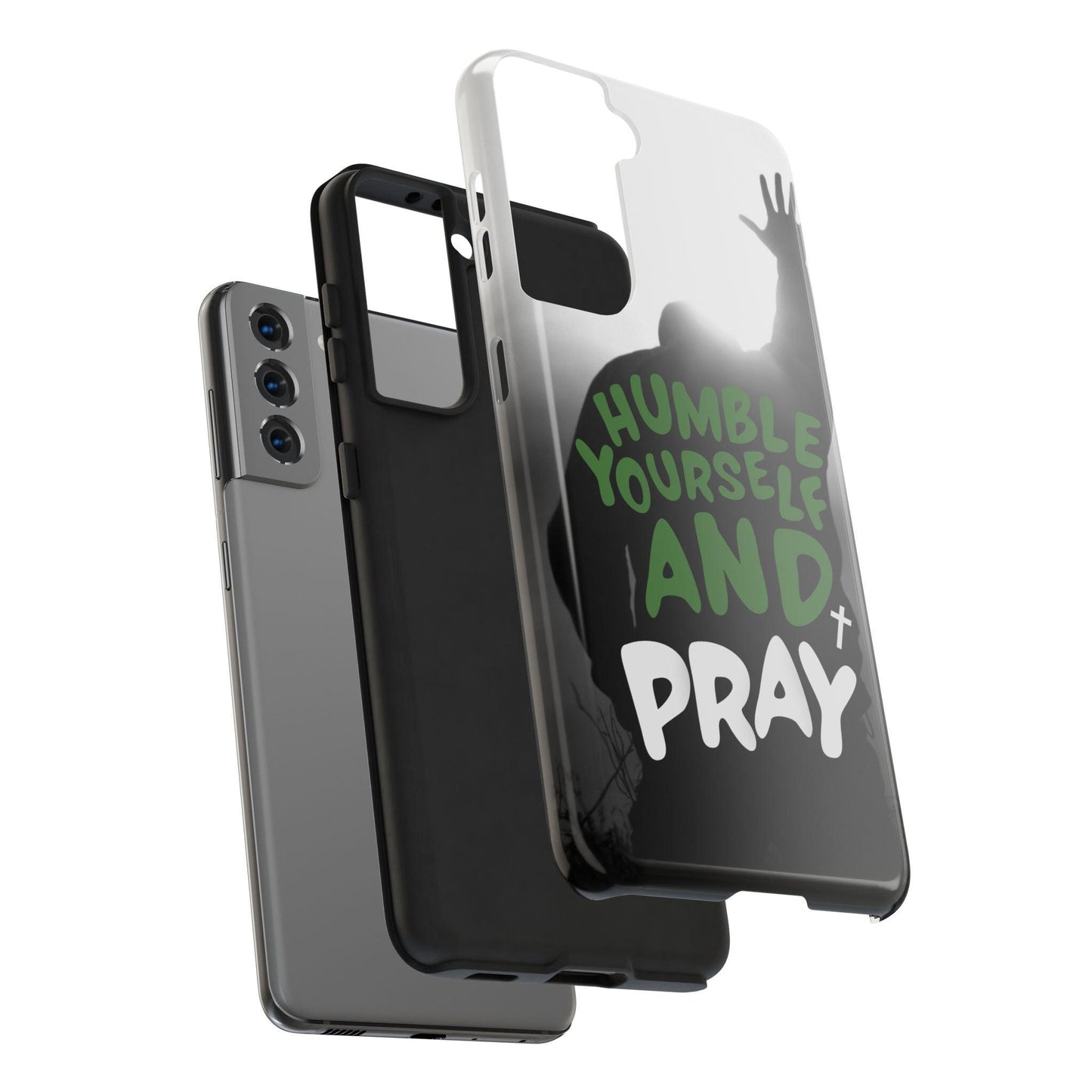 Praying Man Silhouette Phone Case - Black and White Background with Green Text - Humble Yourself and Pray - Joyful Moments Market