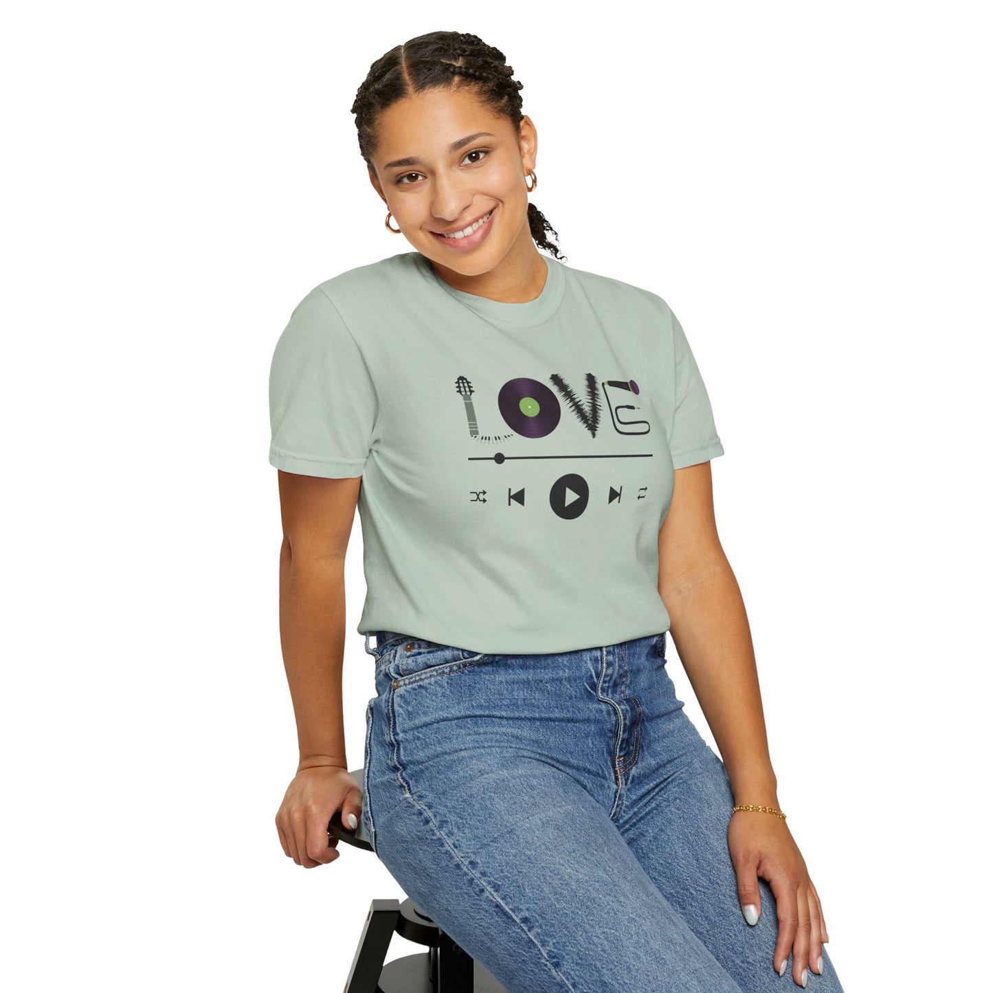 Music Lover T-Shirt | Creative "LOVE" Design for Musicians in Soft Garment-Dyed Cotton - Joyful Moments Market