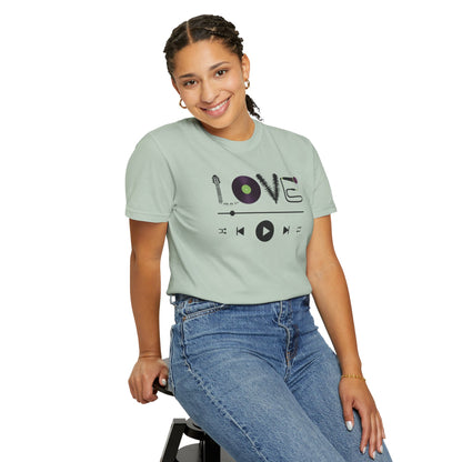 Music Lover T-Shirt | Creative "LOVE" Design for Musicians in Soft Garment-Dyed Cotton - Joyful Moments Market