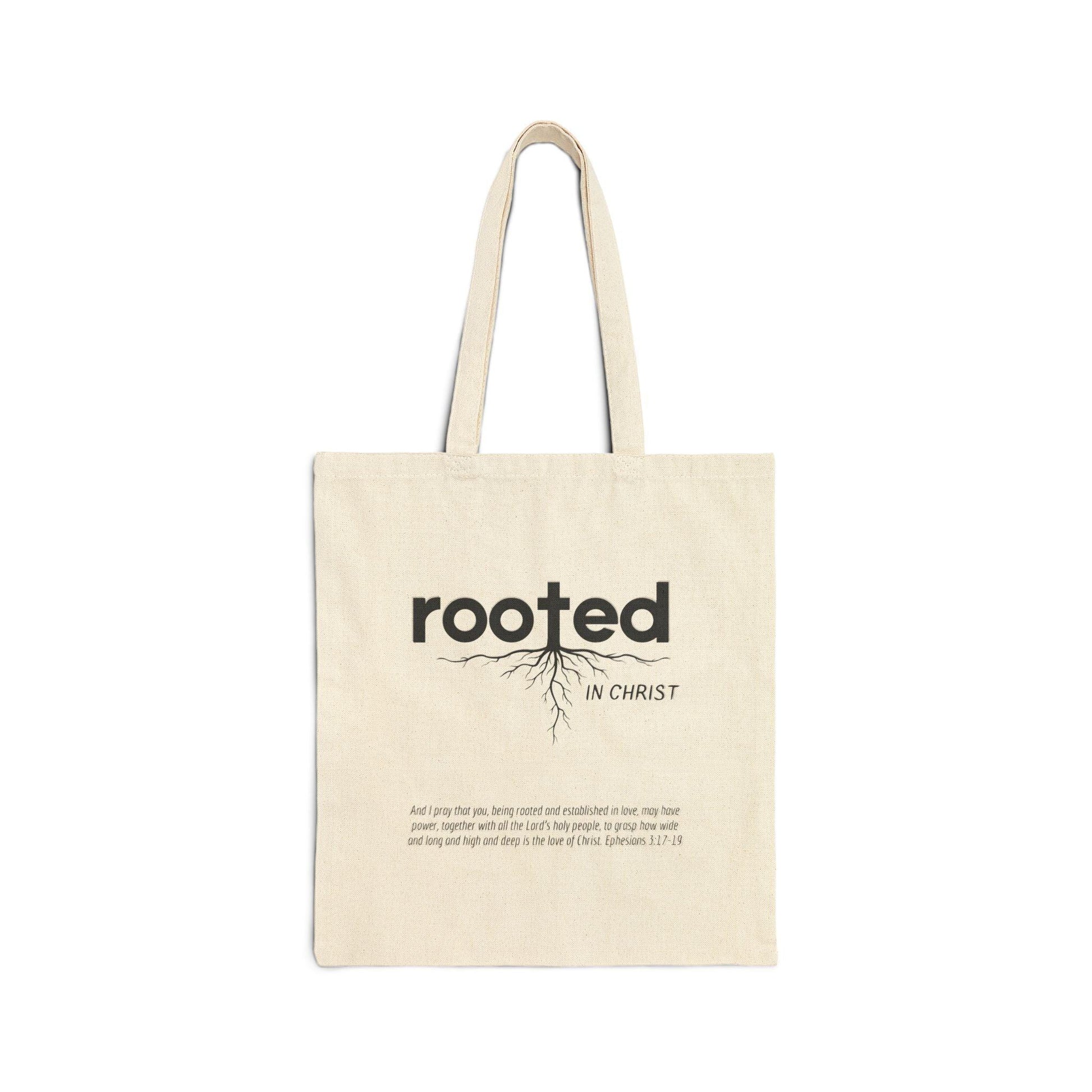 Rooted in Christ Cotton Canvas Tote Bag, Natural and Black Colors Available, Perfect Gift for Christian Men and Women - Joyful Moments Market