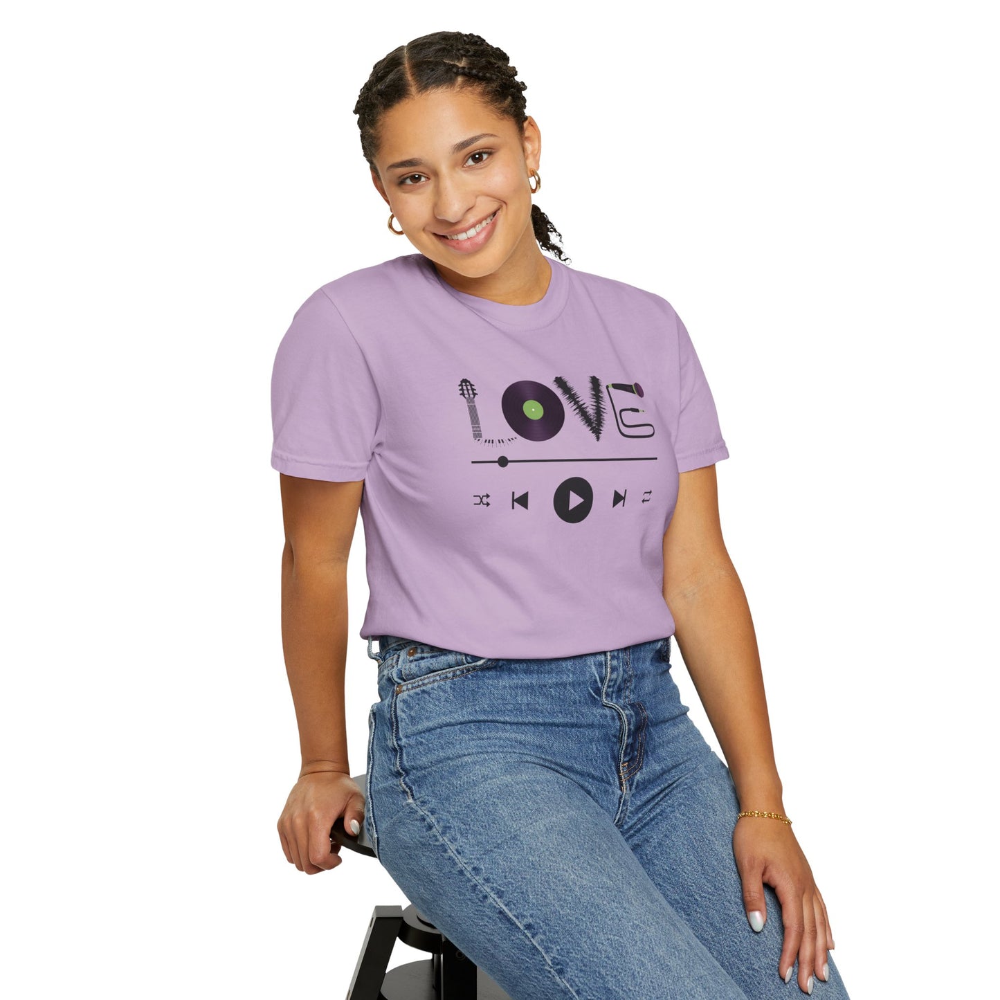 Music Lover T-Shirt | Creative "LOVE" Design for Musicians in Soft Garment-Dyed Cotton - Joyful Moments Market