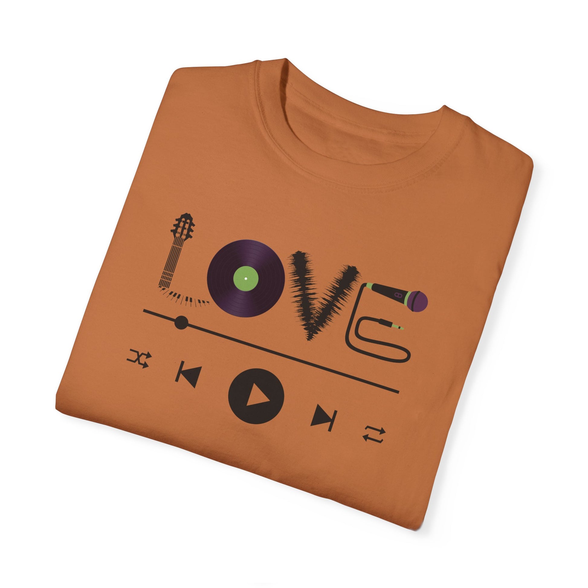 Music Lover T-Shirt | Creative "LOVE" Design for Musicians in Soft Garment-Dyed Cotton - Joyful Moments Market