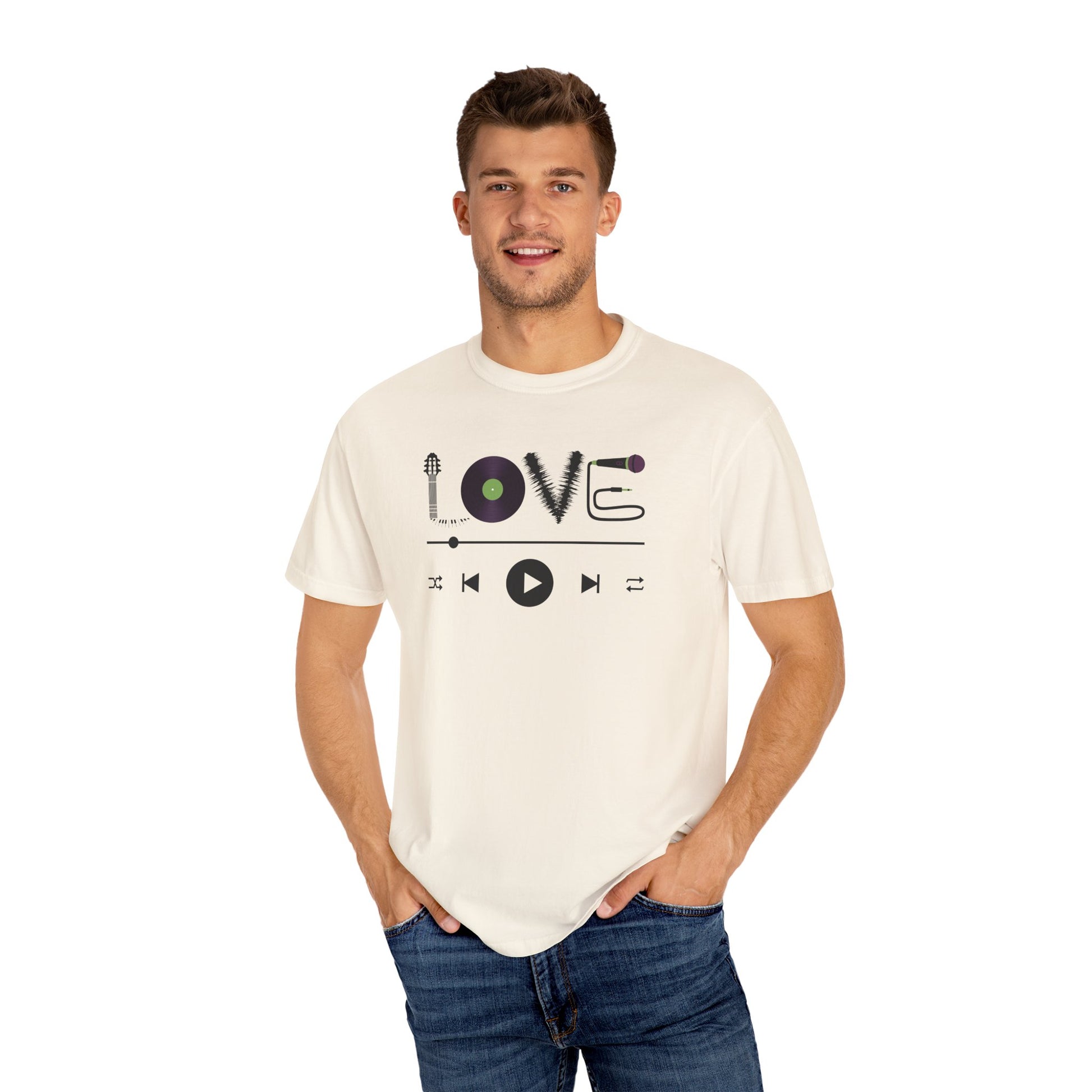 Music Lover T-Shirt | Creative "LOVE" Design for Musicians in Soft Garment-Dyed Cotton - Joyful Moments Market