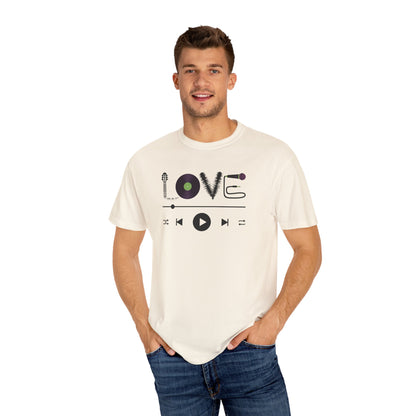 Music Lover T-Shirt | Creative "LOVE" Design for Musicians in Soft Garment-Dyed Cotton - Joyful Moments Market