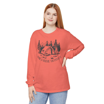 Comfort Colors Long Sleeve T-Shirt | Garment-Dyed Cotton with "Home is Where You Pitch It" Camping Graphic - Joyful Moments Market