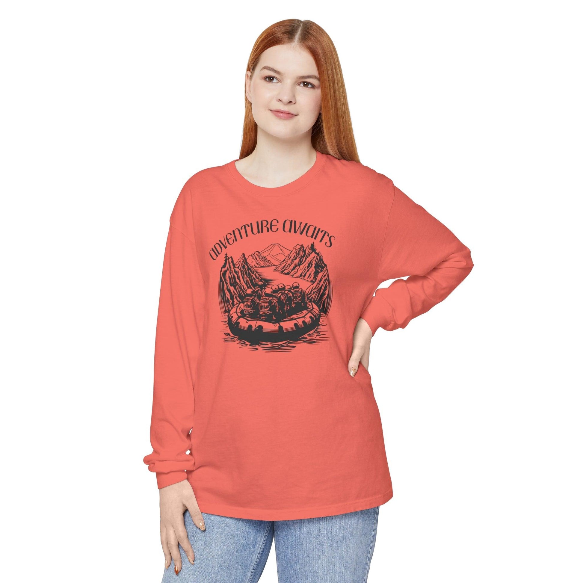 Comfort Colors Long Sleeve T-Shirt | Garment-Dyed Cotton with Bold White-Water Rafting Design - Joyful Moments Market