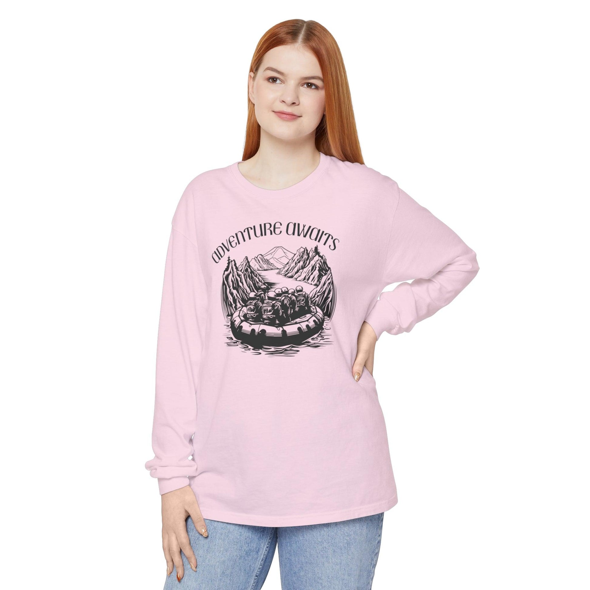 Comfort Colors Long Sleeve T-Shirt | Garment-Dyed Cotton with Bold White-Water Rafting Design - Joyful Moments Market