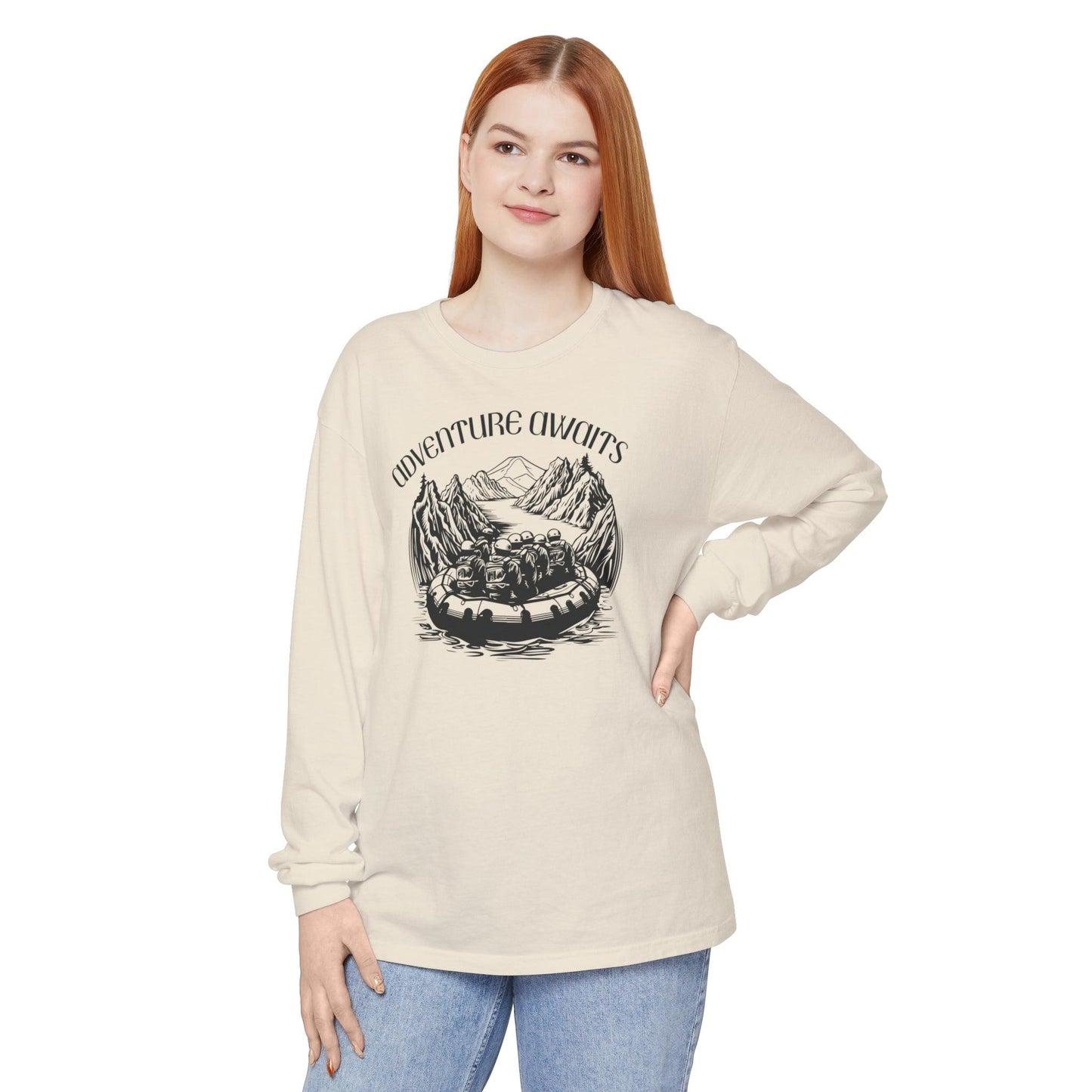 Comfort Colors Long Sleeve T-Shirt | Garment-Dyed Cotton with Bold White-Water Rafting Design - Joyful Moments Market