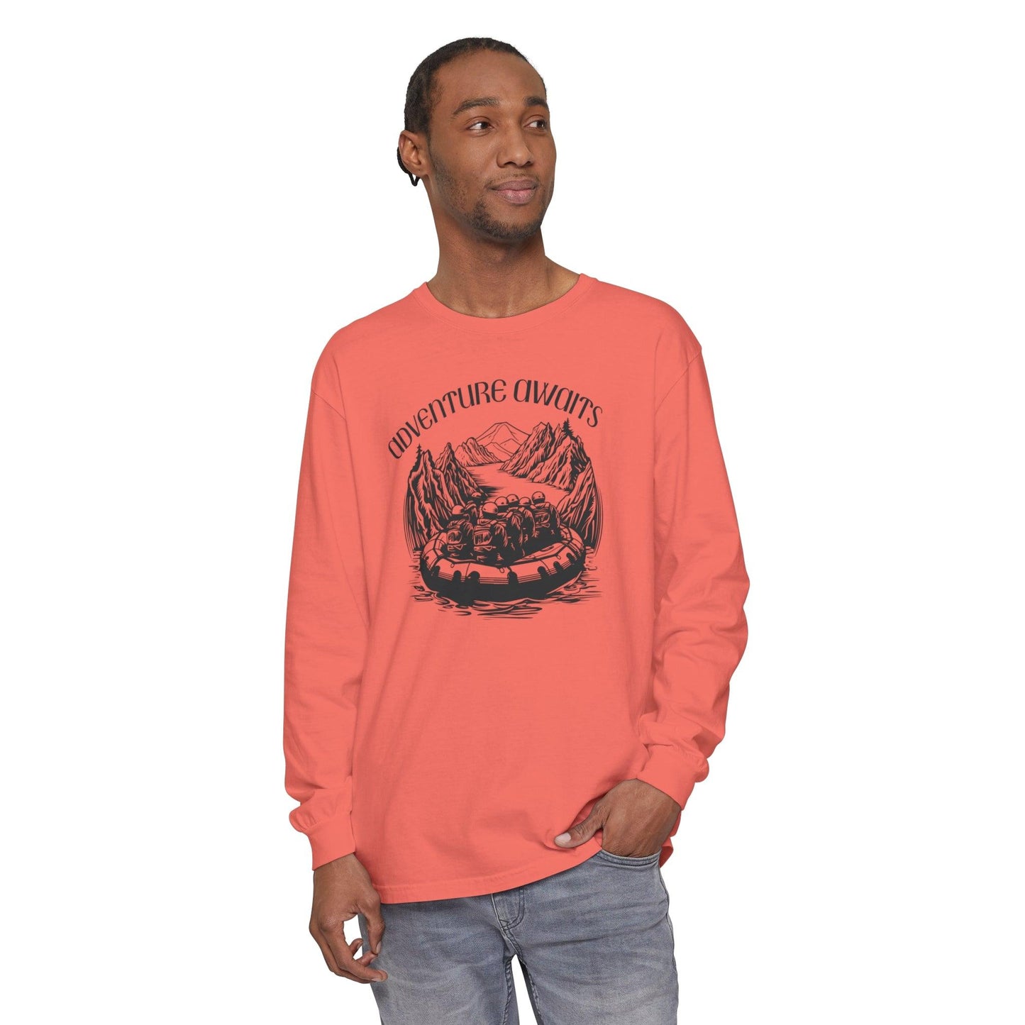 Comfort Colors Long Sleeve T-Shirt | Garment-Dyed Cotton with Bold White-Water Rafting Design - Joyful Moments Market