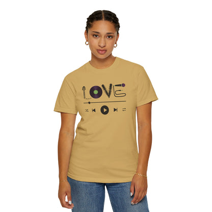 Music Lover T-Shirt | Creative "LOVE" Design for Musicians in Soft Garment-Dyed Cotton - Joyful Moments Market