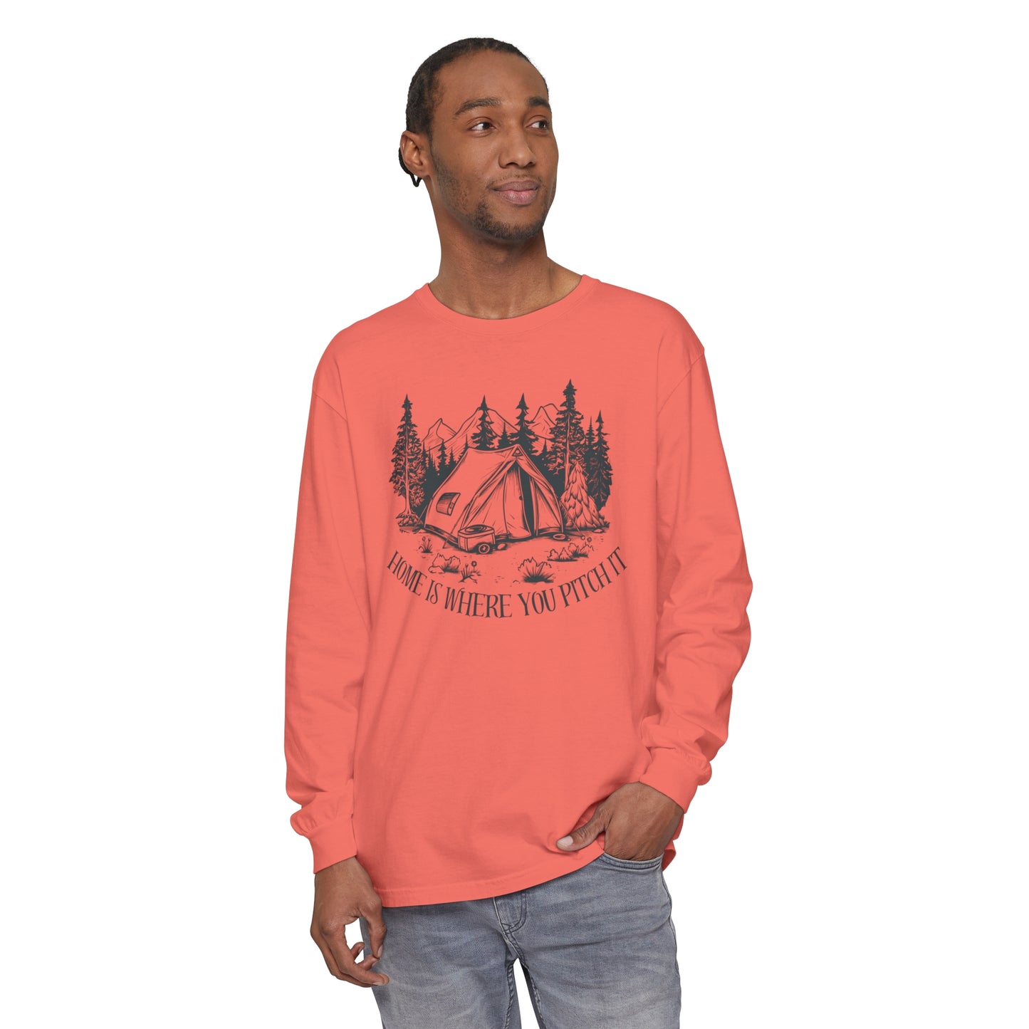 Comfort Colors Long Sleeve T-Shirt | Garment-Dyed Cotton with "Home is Where You Pitch It" Camping Graphic - Joyful Moments Market