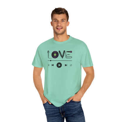 Music Lover T-Shirt | Creative "LOVE" Design for Musicians in Soft Garment-Dyed Cotton - Joyful Moments Market