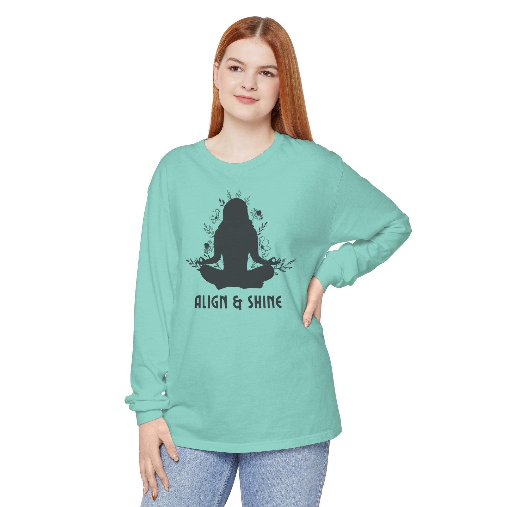 Comfort Colors Yoga Long Sleeve T-Shirt | Garment-Dyed Cotton with Floral Mindfulness Design - Joyful Moments Market