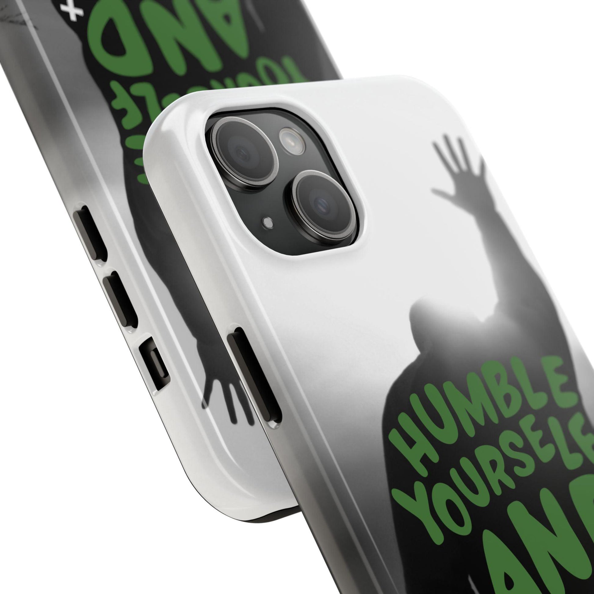 Praying Man Silhouette Phone Case - Black and White Background with Green Text - Humble Yourself and Pray - Joyful Moments Market