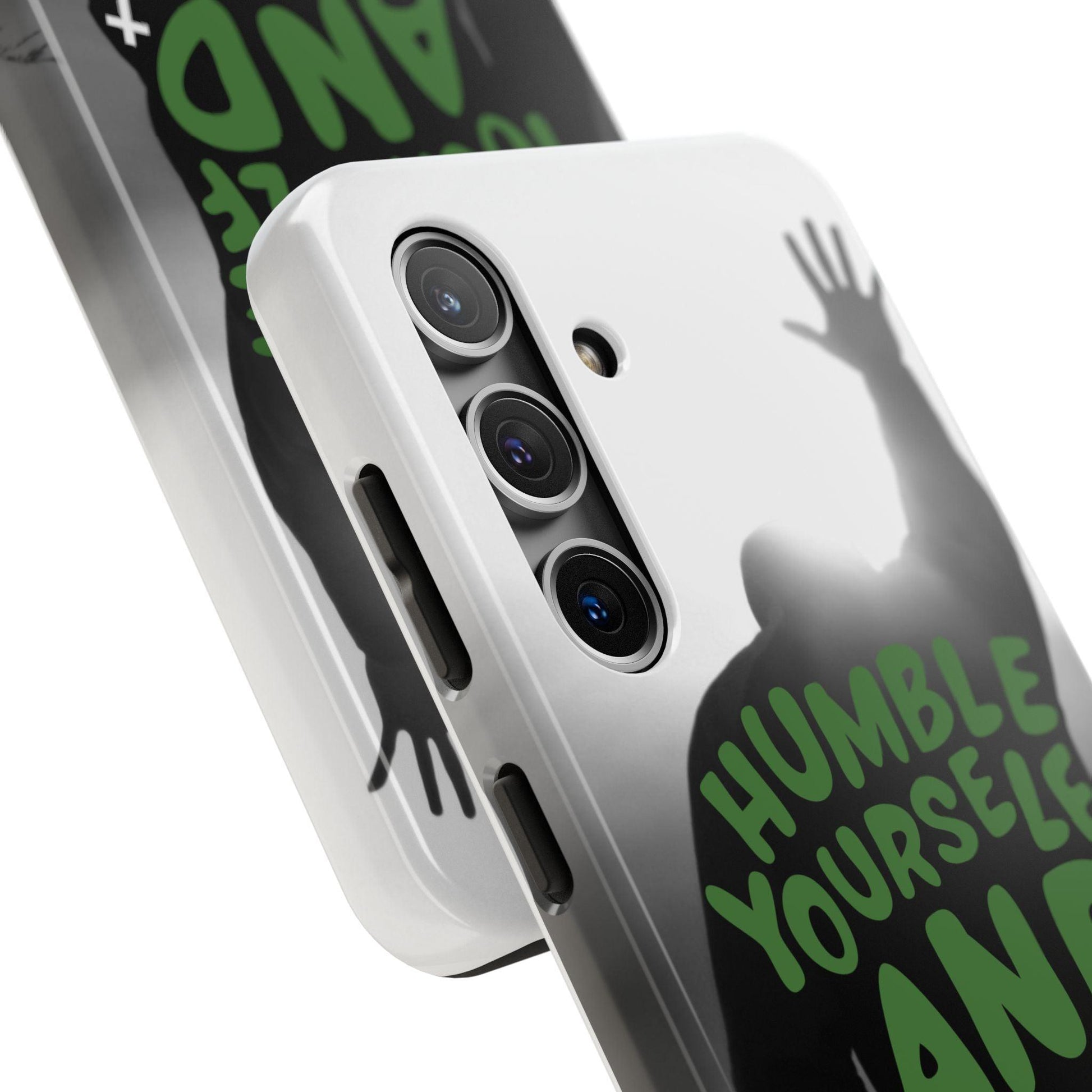 Praying Man Silhouette Phone Case - Black and White Background with Green Text - Humble Yourself and Pray - Joyful Moments Market