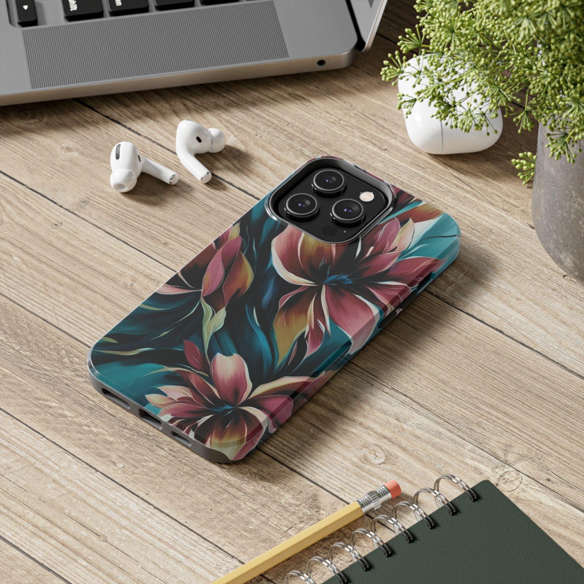 Floral Phone Case | Artistic Dark Purple & Green Design for iPhone & Samsung - Joyful Moments Market