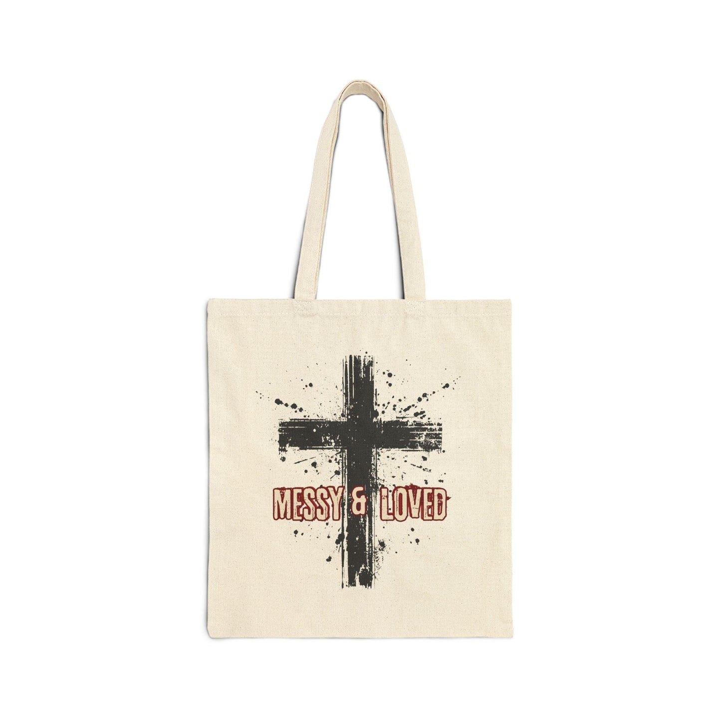 Messy and Loved Canvas Tote Bag with Cross Splatter Design Durable Cotton Faith Gift for Church Bible Study Everyday Use in Natural or Black - Joyful Moments Market