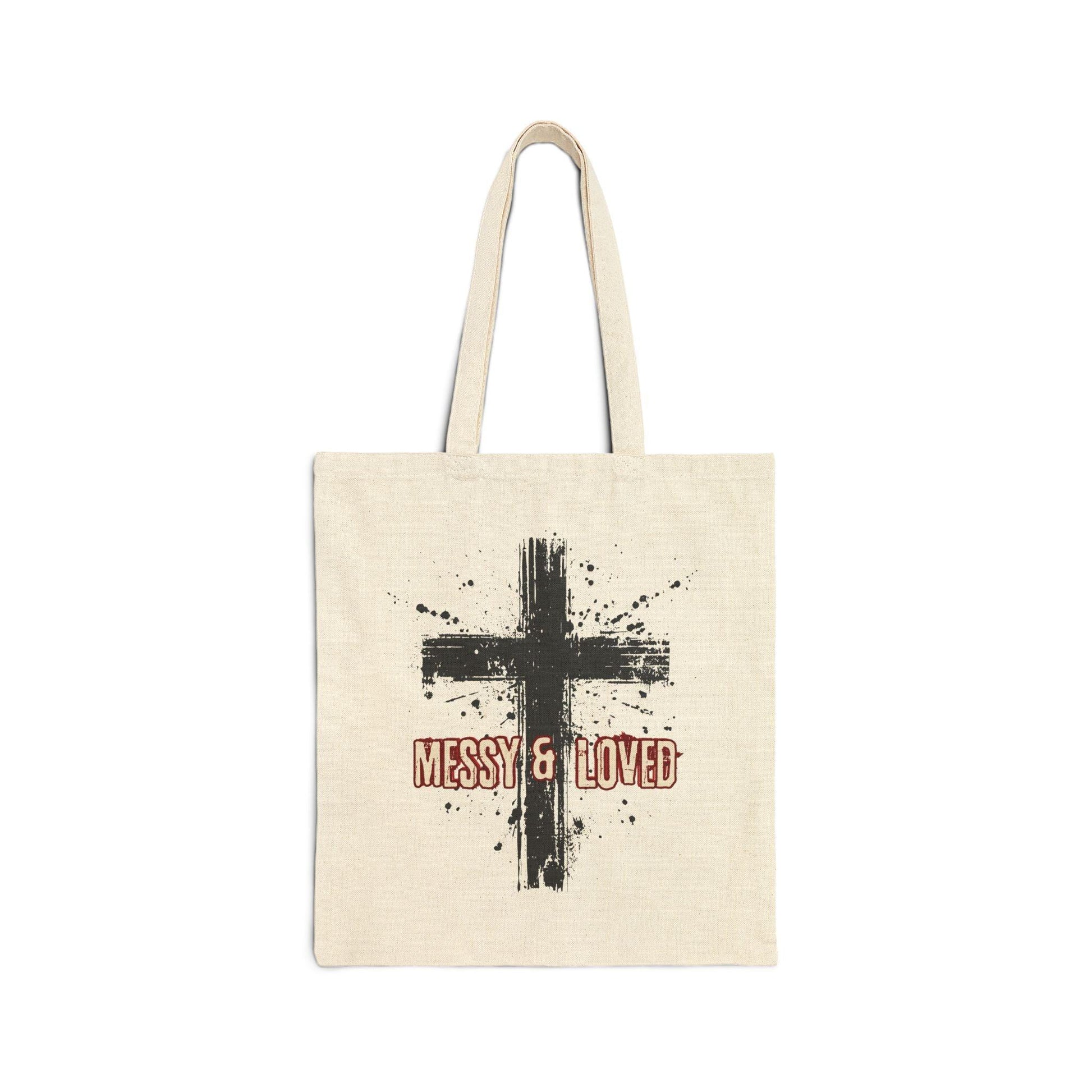 Messy and Loved Canvas Tote Bag with Cross Splatter Design Durable Cotton Faith Gift for Church Bible Study Everyday Use in Natural or Black - Joyful Moments Market