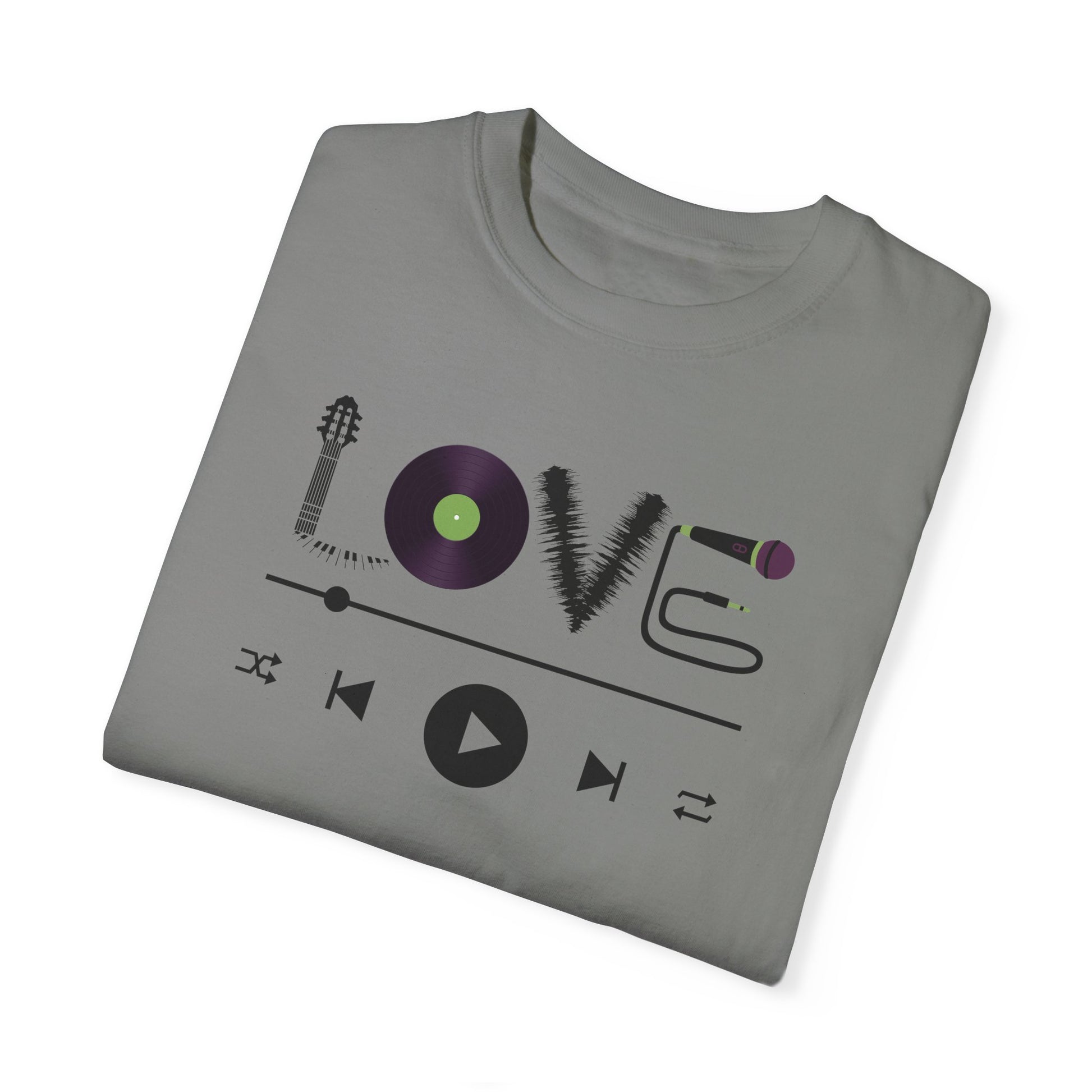 Music Lover T-Shirt | Creative "LOVE" Design for Musicians in Soft Garment-Dyed Cotton - Joyful Moments Market