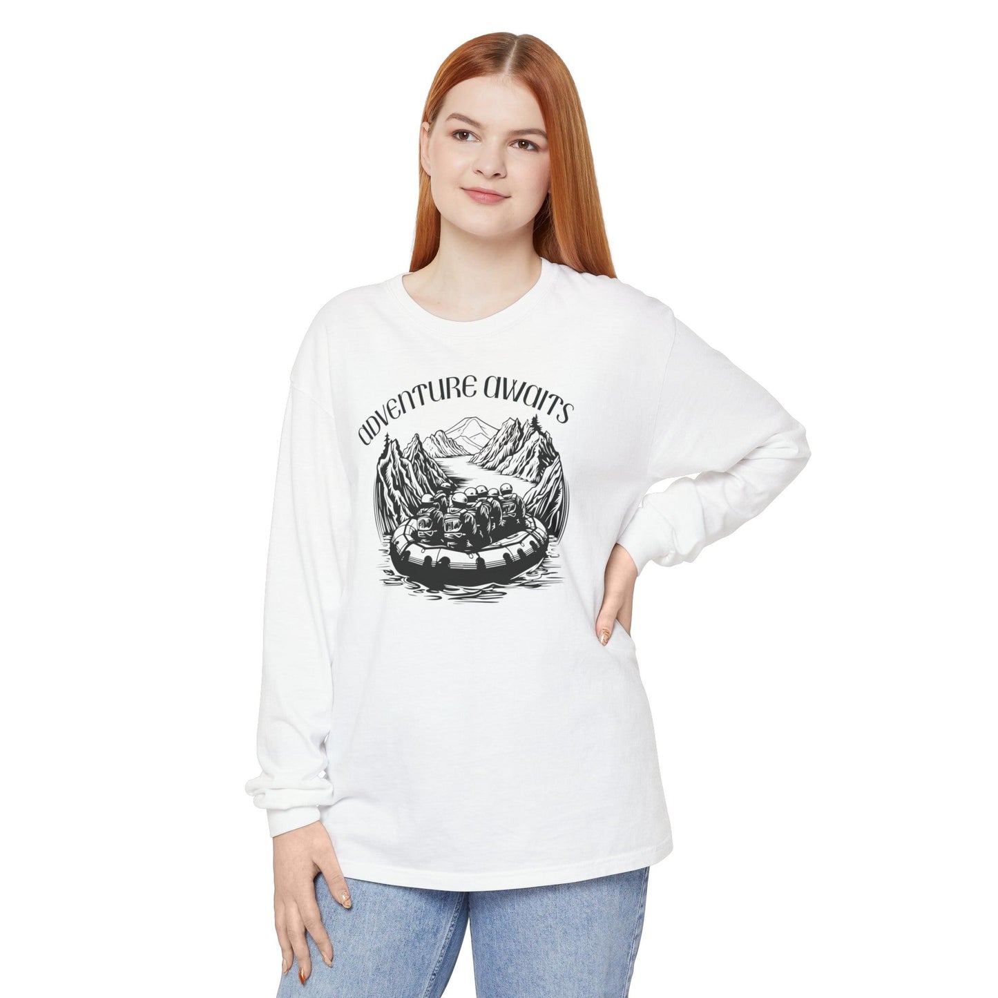 Comfort Colors Long Sleeve T-Shirt | Garment-Dyed Cotton with Bold White-Water Rafting Design - Joyful Moments Market