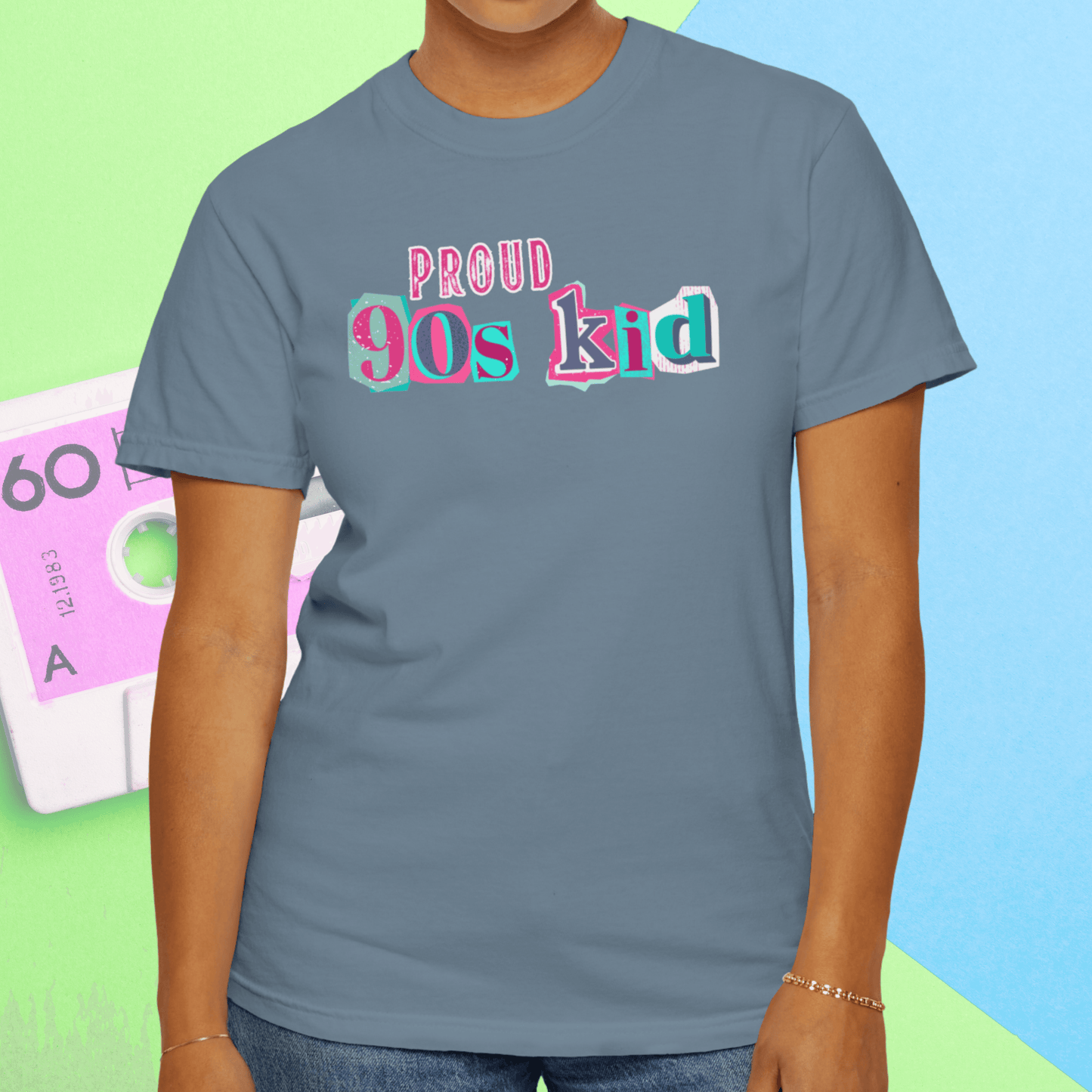 Proud 90s Kid Shirt | Vintage-Inspired Bold Pink & Blue Tee in Garment-Dyed Cotton - Joyful Moments Market