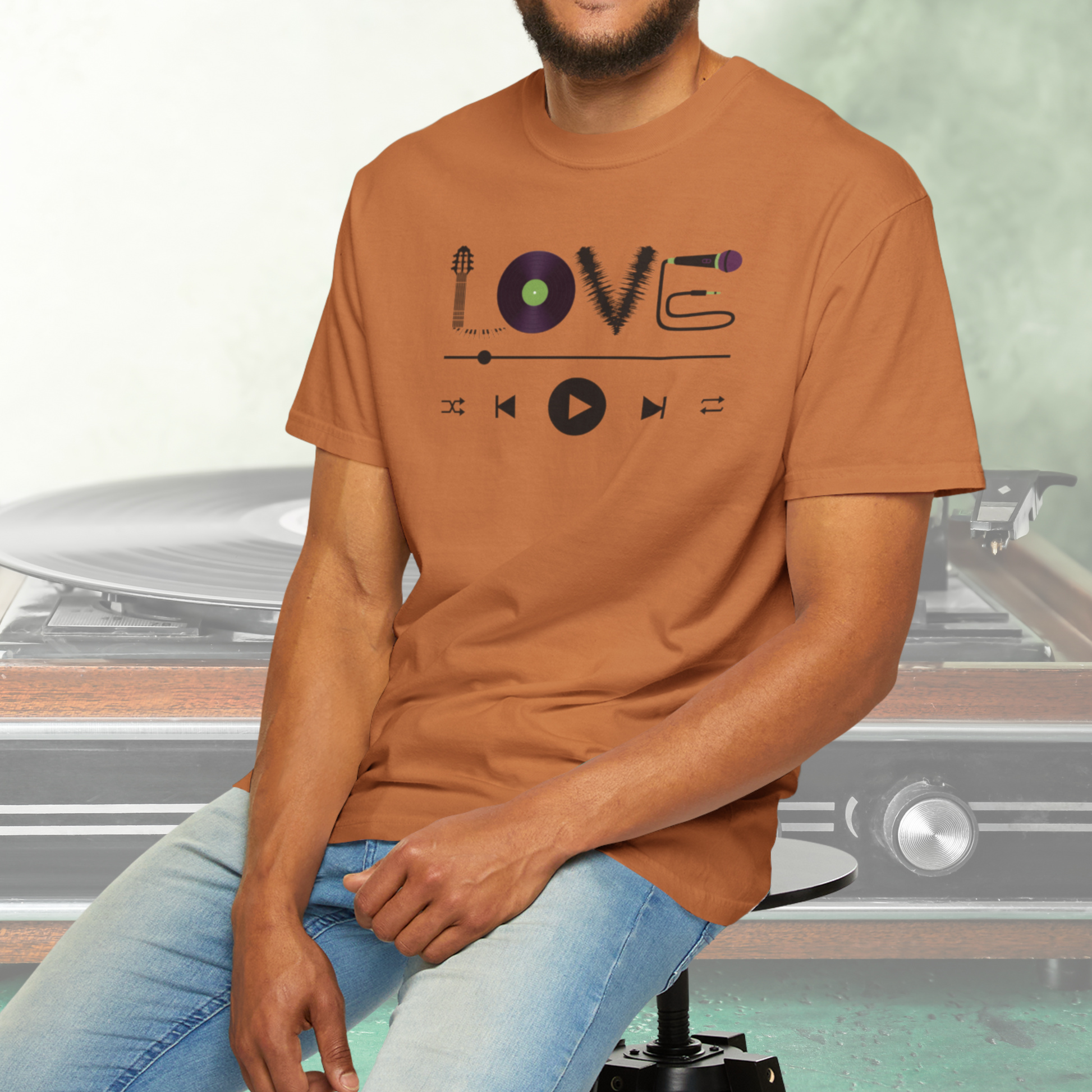 Music Lover T-Shirt | Creative "LOVE" Design for Musicians in Soft Garment-Dyed Cotton - Joyful Moments Market