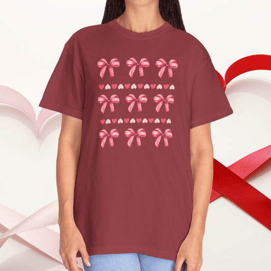 Comfort Colors Pink Bow Tee | Soft Garment-Dyed Cotton with Heart & Bow Pattern - Joyful Moments Market