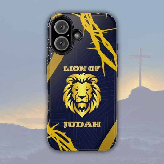 Gold Lion of Judah Phone Case on Blue Background - Crown of Thorns Design - Joyful Moments Market