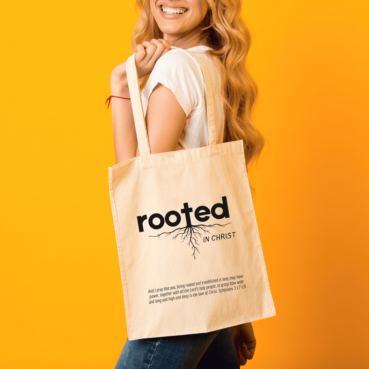 Rooted in Christ Cotton Canvas Tote Bag, Natural and Black Colors Available, Perfect Gift for Christian Men and Women - Joyful Moments Market