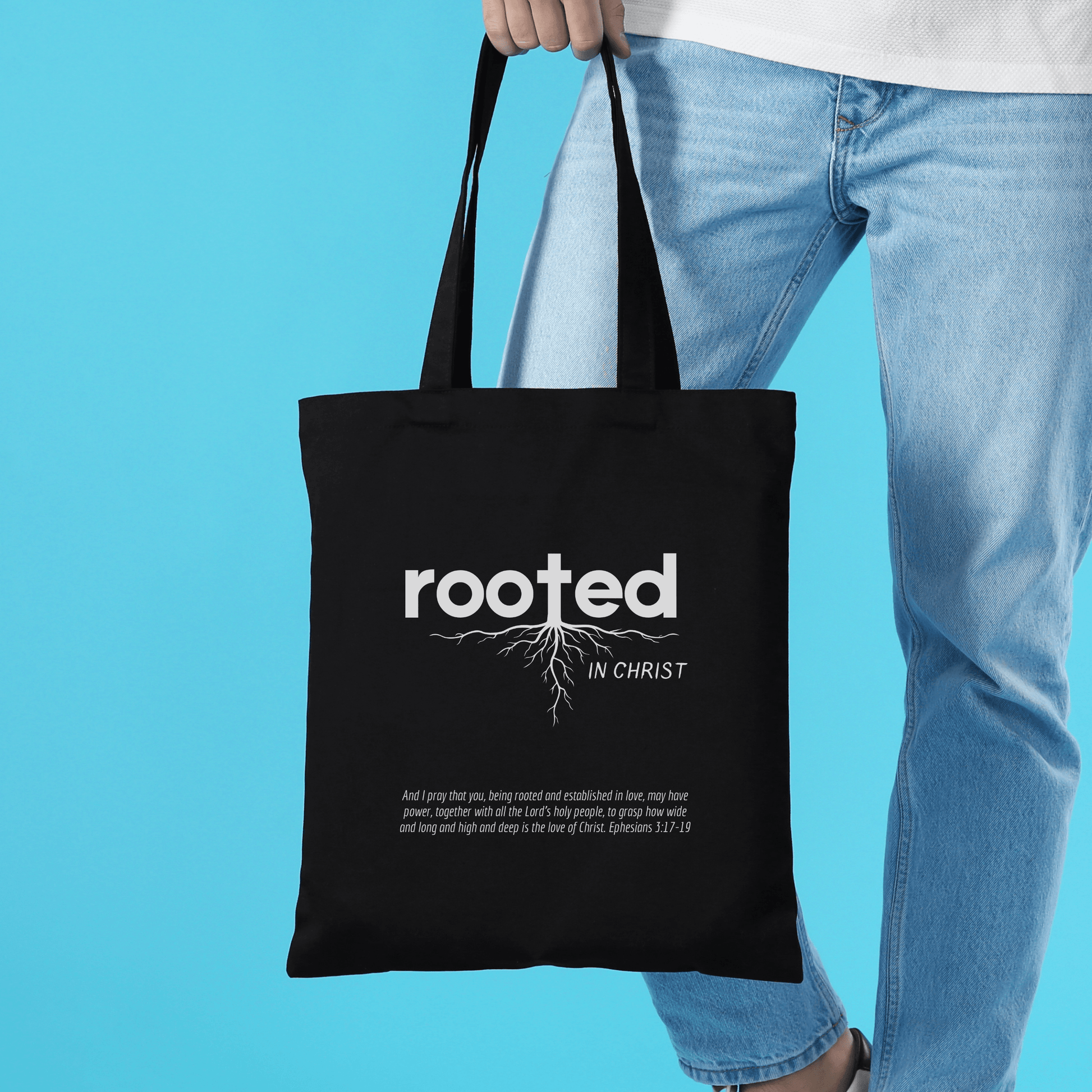 Rooted in Christ Cotton Canvas Tote Bag, Natural and Black Colors Available, Perfect Gift for Christian Men and Women - Joyful Moments Market