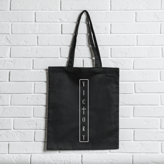 Victory Canvas Tote Bag with Cross Design Durable Cotton Faith Gift for Church Bible Study Everyday Use in Natural or Black - Joyful Moments Market