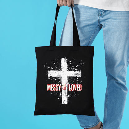 Messy and Loved Canvas Tote Bag with Cross Splatter Design Durable Cotton Faith Gift for Church Bible Study Everyday Use in Natural or Black - Joyful Moments Market