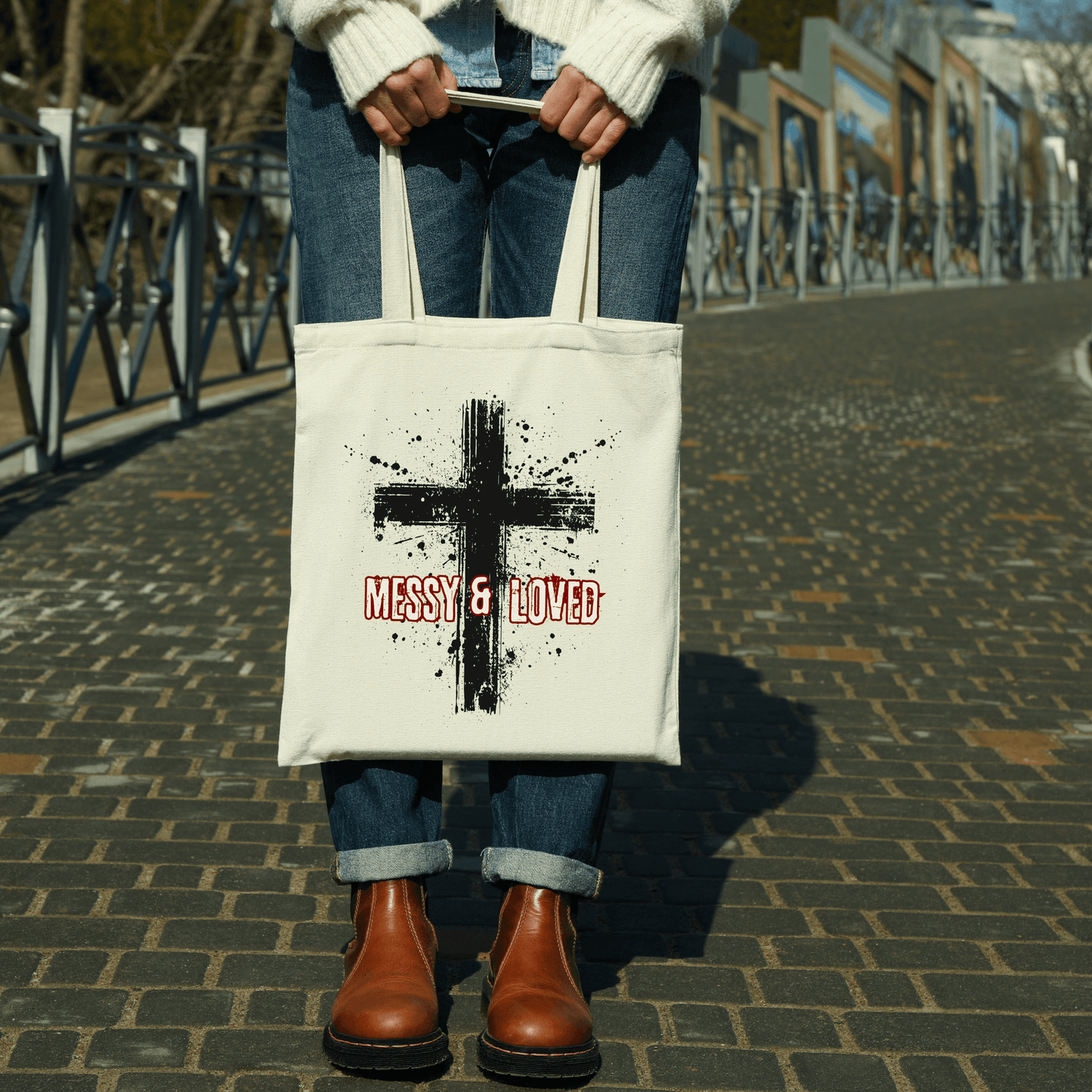 Messy and Loved Canvas Tote Bag with Cross Splatter Design Durable Cotton Faith Gift for Church Bible Study Everyday Use in Natural or Black - Joyful Moments Market