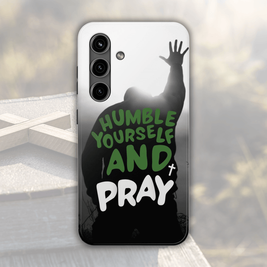 Praying Man Silhouette Phone Case - Black and White Background with Green Text - Humble Yourself and Pray - Joyful Moments Market