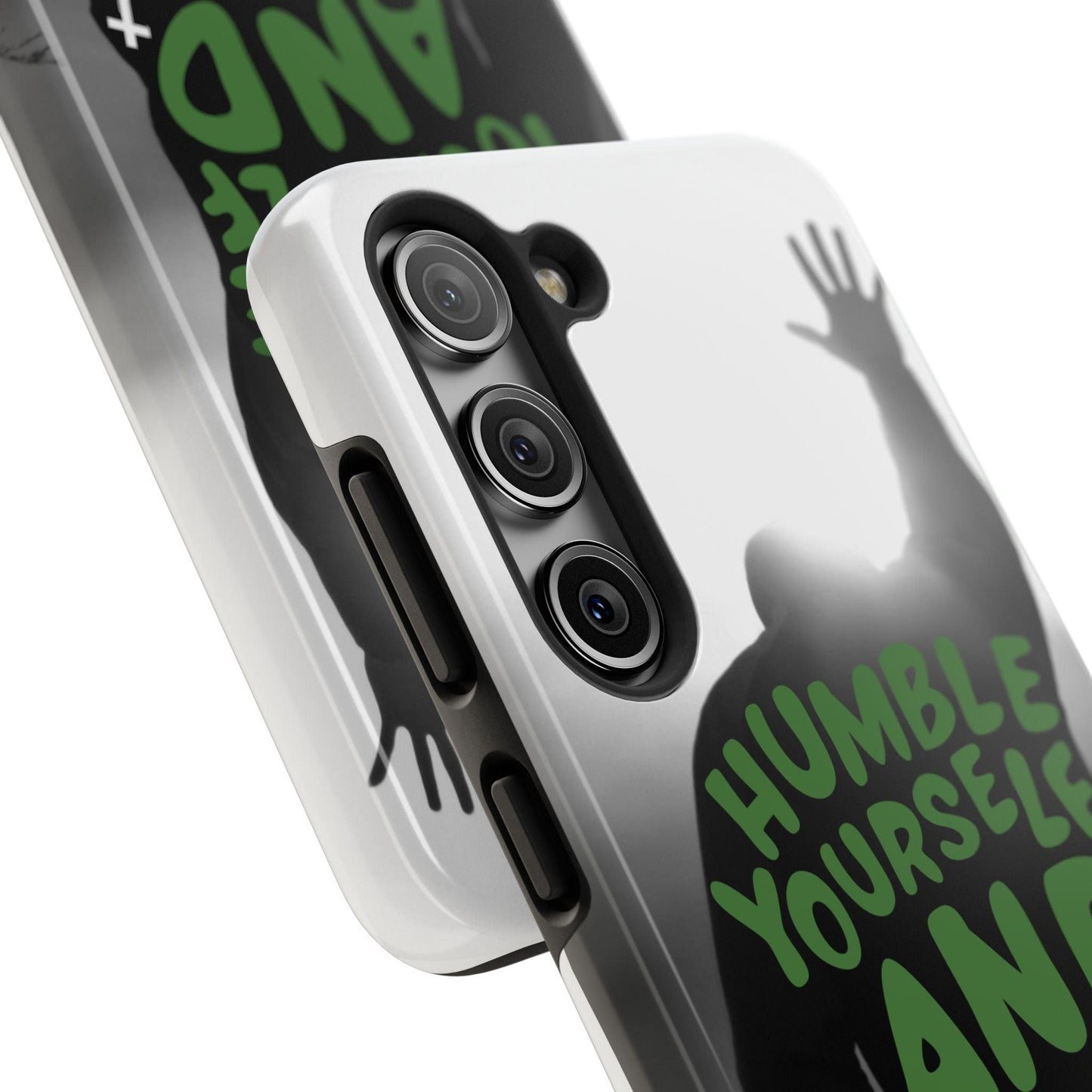 Praying Man Silhouette Phone Case - Black and White Background with Green Text - Humble Yourself and Pray - Joyful Moments Market